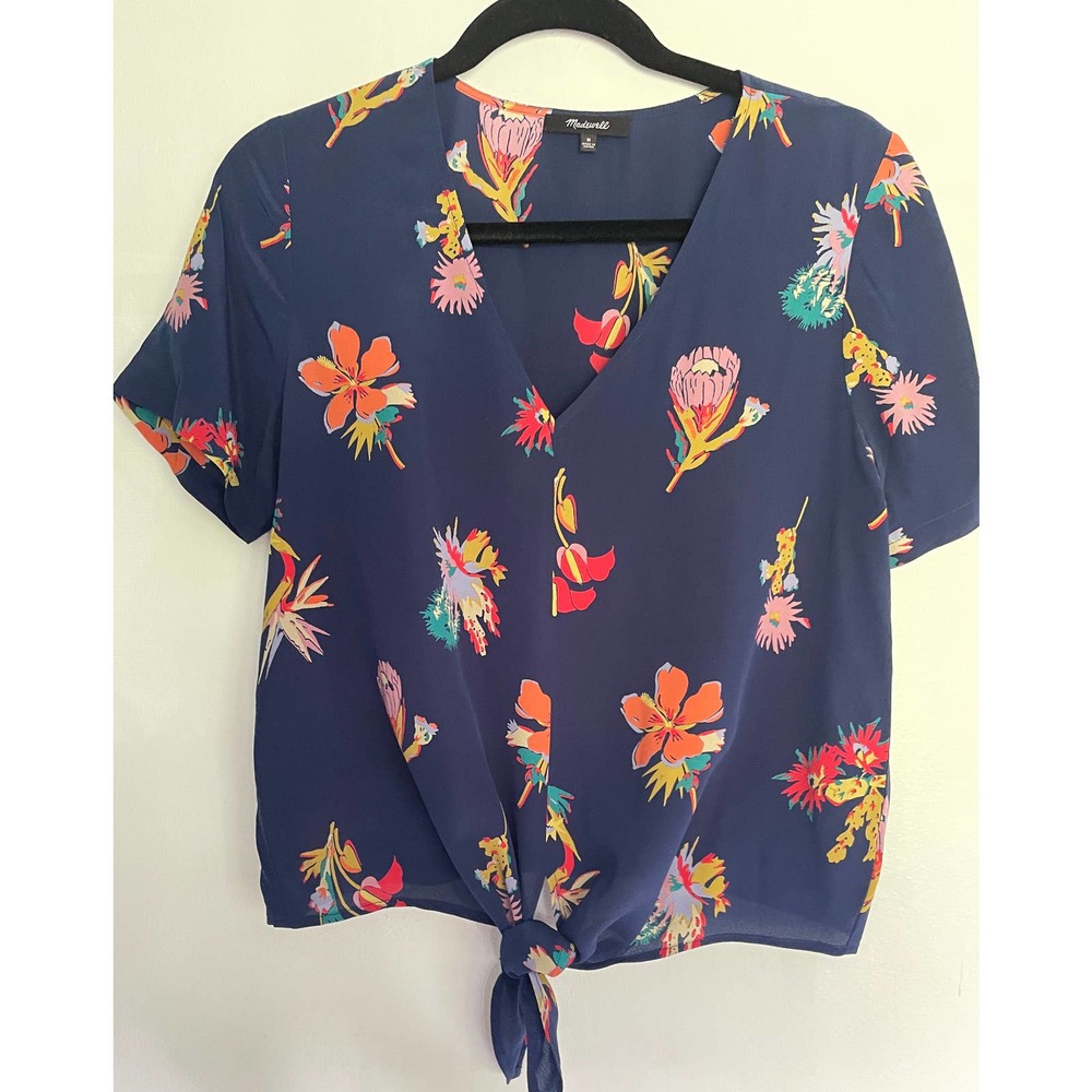 Women's Madewell Navy Floral Silk Tie Front Shirt Size Medium